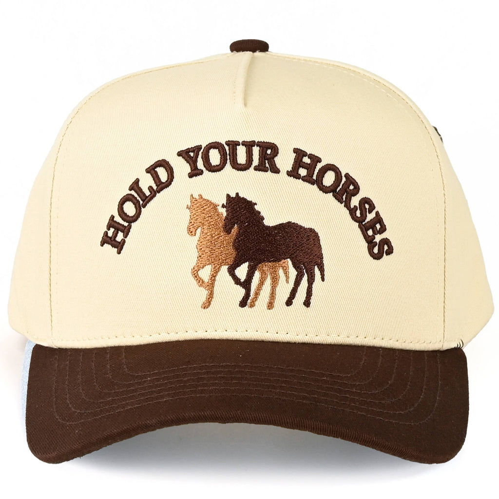 HOLD YOUR HORSES Embroidered Letter Two Tone Trucker Hat