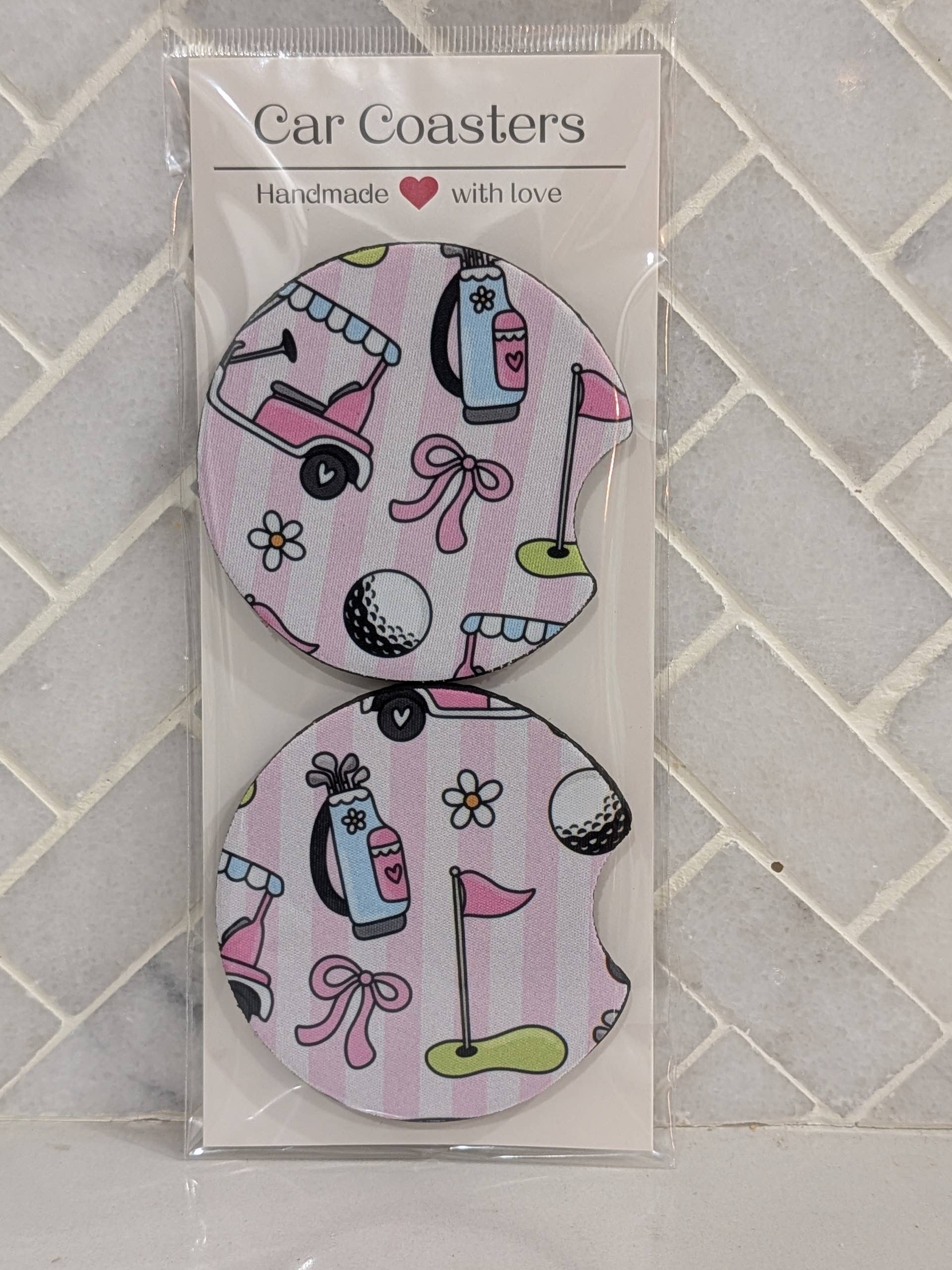 Pink Golf Cart Stripe Car Coasters