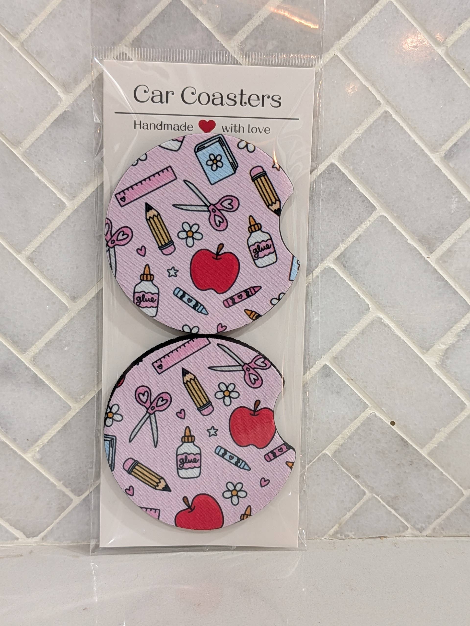 Pink Teacher Supplies Car Coasters