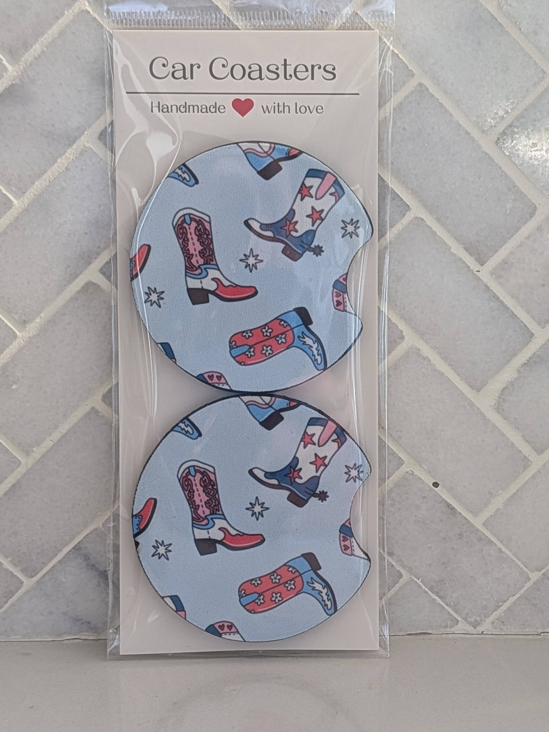 Red White Blue Cowgirl Boots Car Coasters