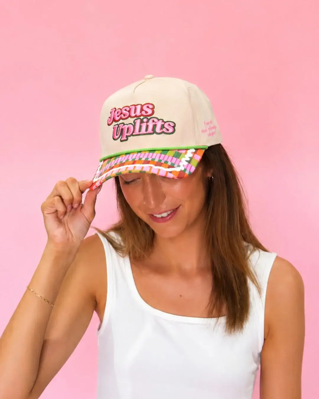 Jesus Uplifts on Tan Cap With Patch Work