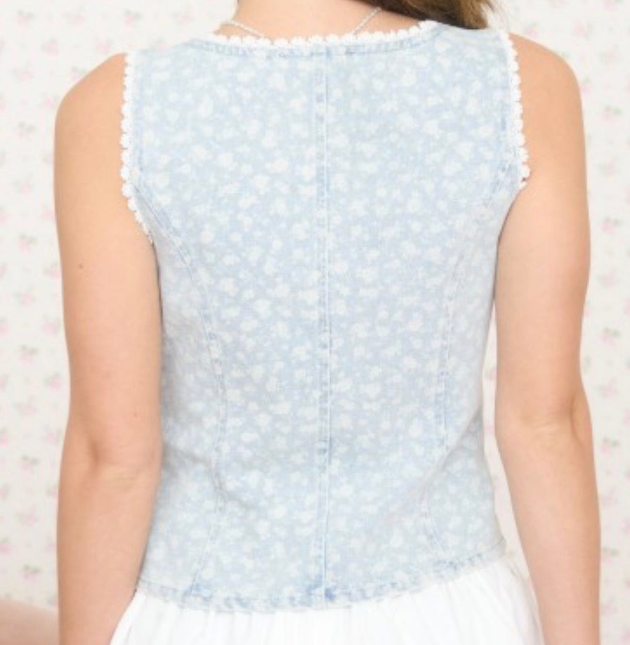Denim Floral Pattern Lace Trim Vest Top