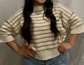 Khaki Stripe Drop Shoulder Short Sleeve Sweater