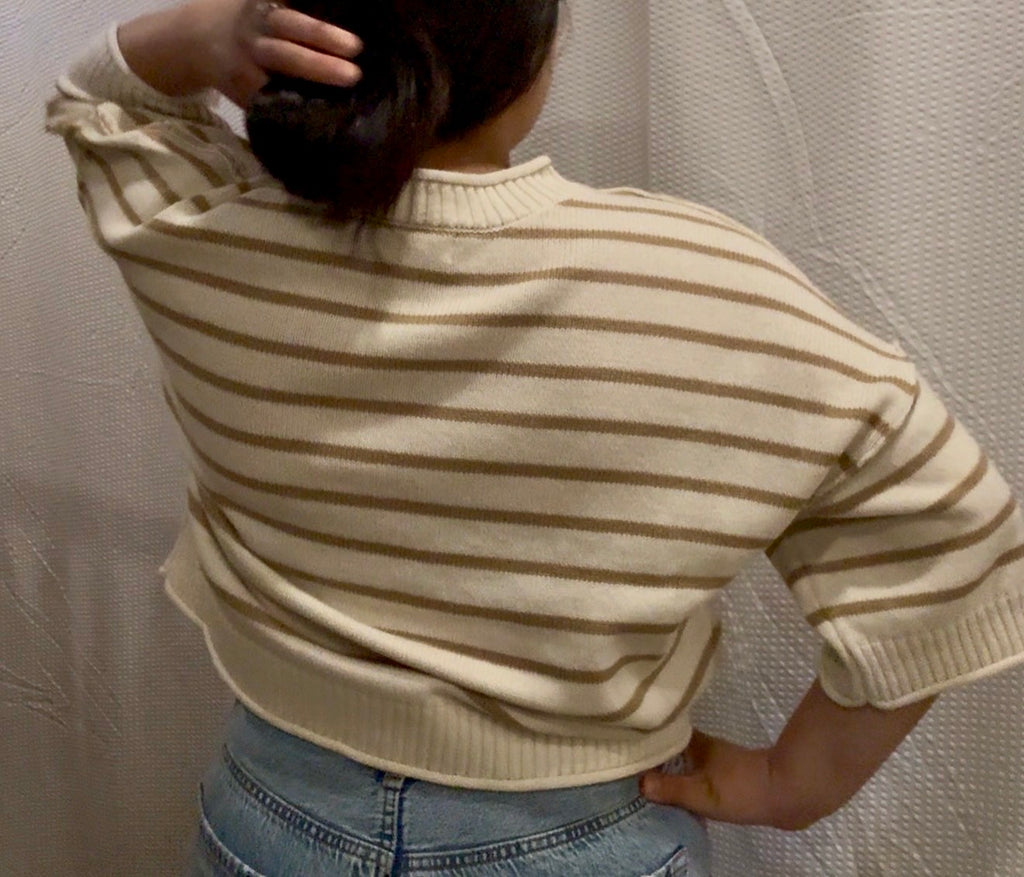 Khaki Stripe Drop Shoulder Short Sleeve Sweater