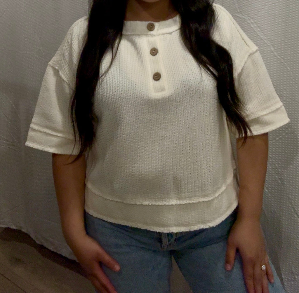 Raw Edge Henley Short Sleeve Waffle Knit Top