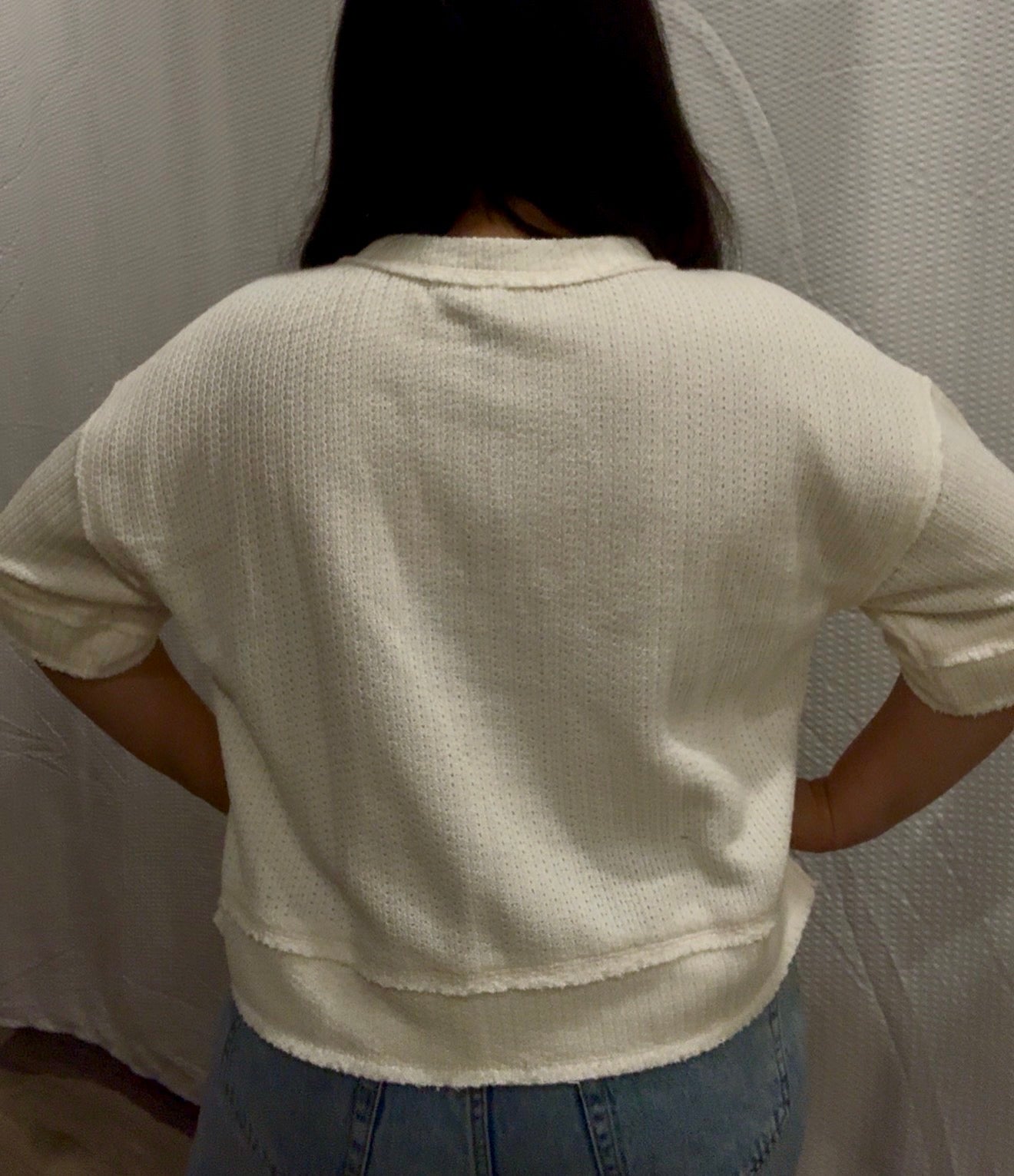 Raw Edge Henley Short Sleeve Waffle Knit Top