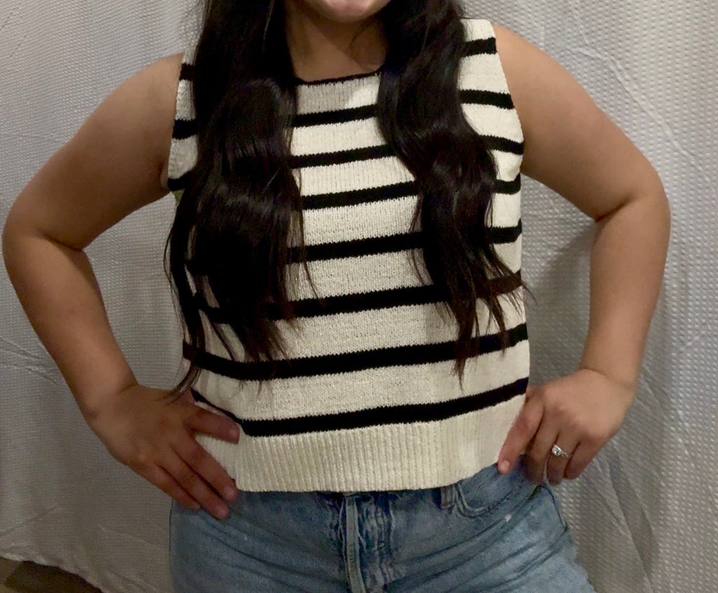 Stripe Back Tie Sleeveless Knit Sweater