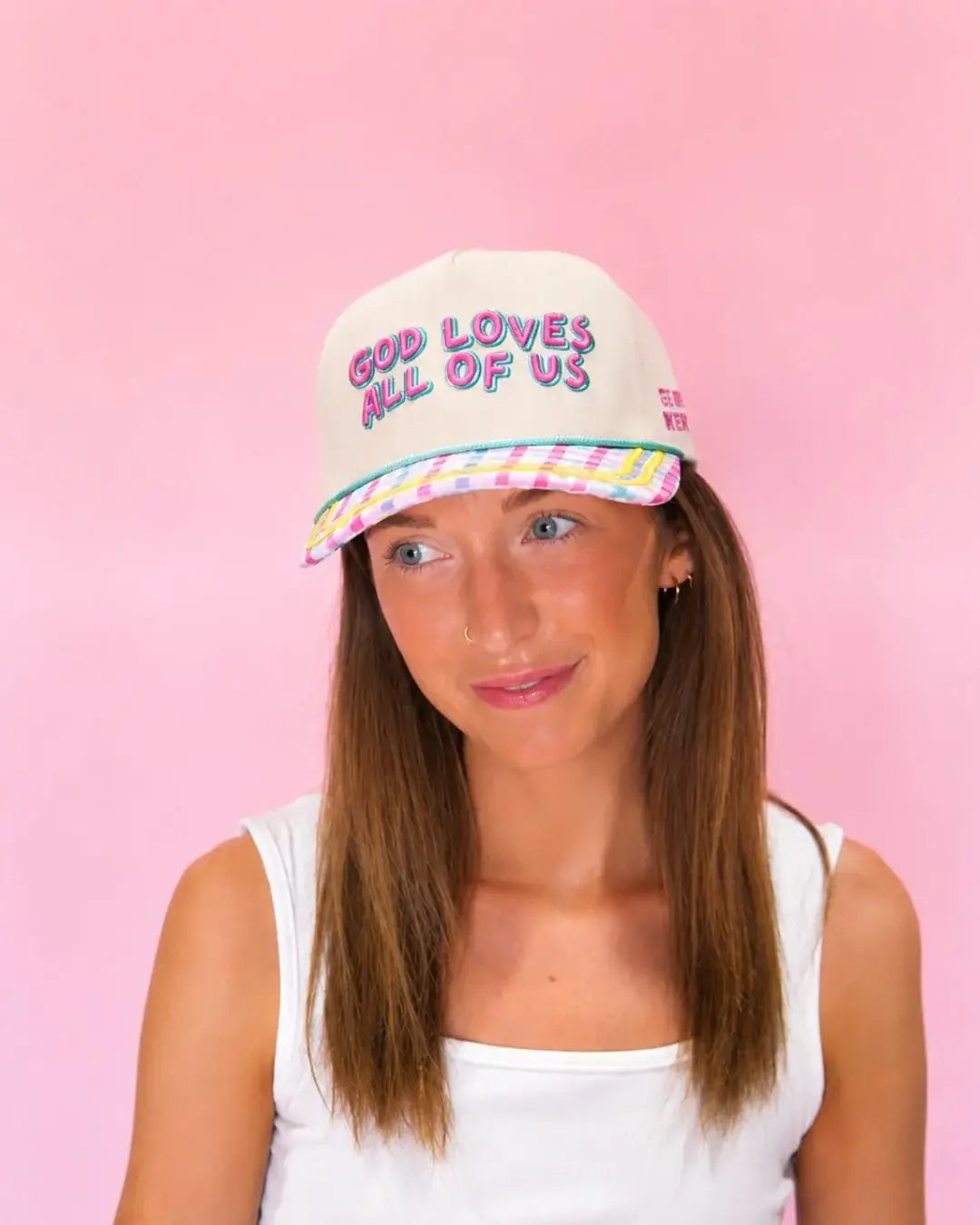 God Loves all of us on Tan Cap with Patch Work