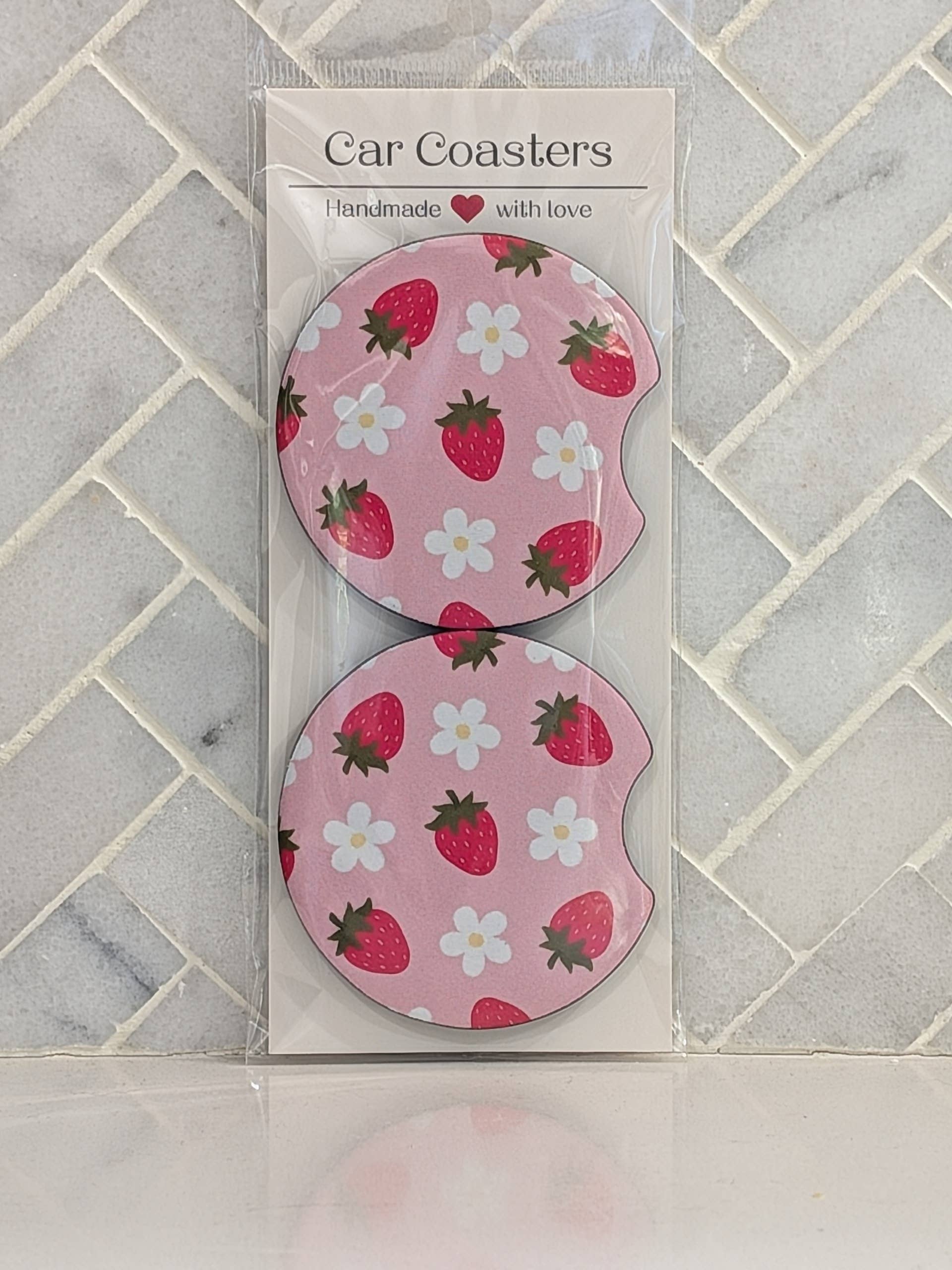 Pink Strawberry Daisies Car Coasters